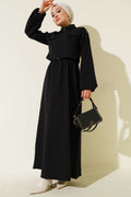 Black Shirt Collar Vest with sleeveless Dress