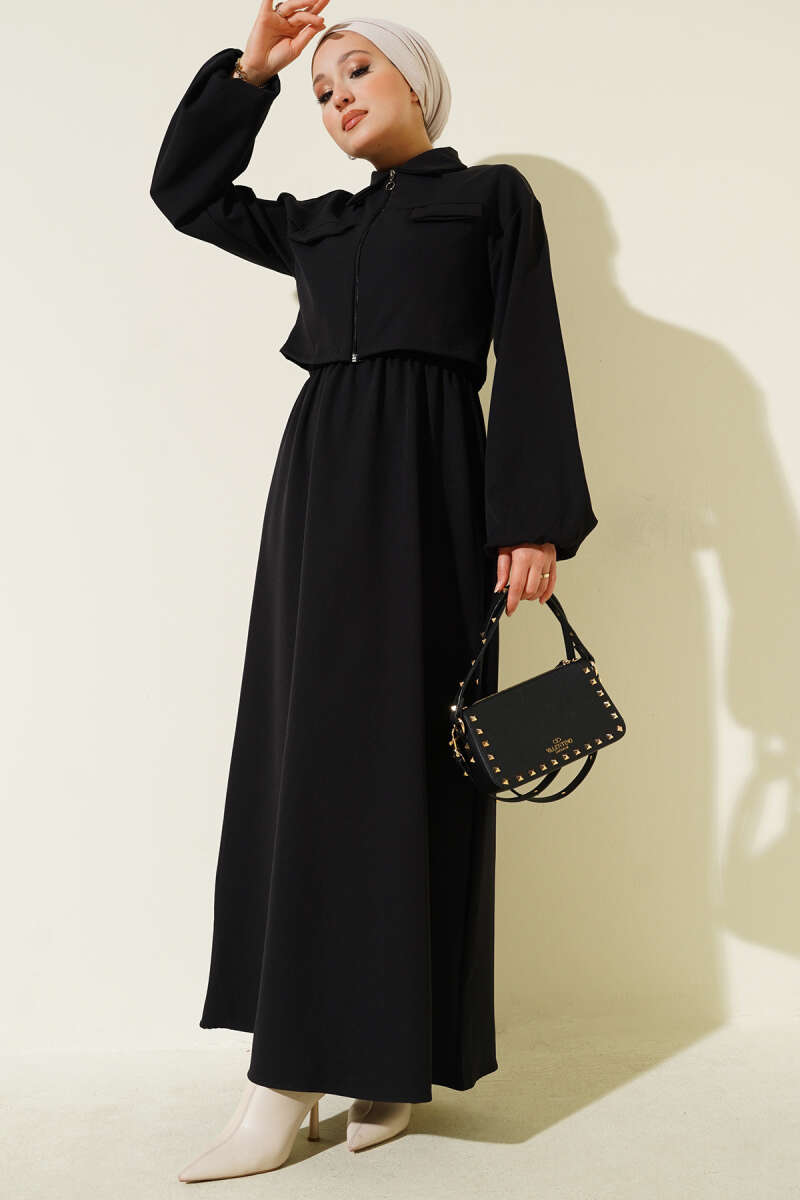 Black Shirt Collar Vest with sleeveless Dress