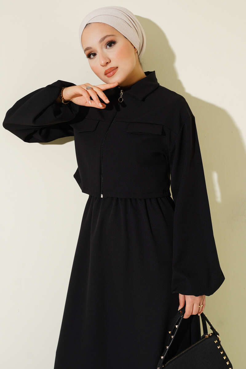 Black Shirt Collar Vest with sleeveless Dress