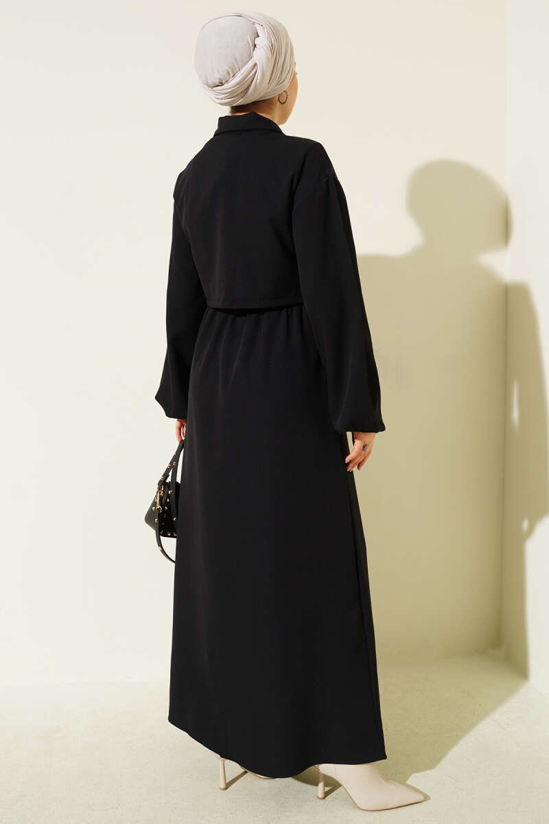 Black Shirt Collar Vest with sleeveless Dress