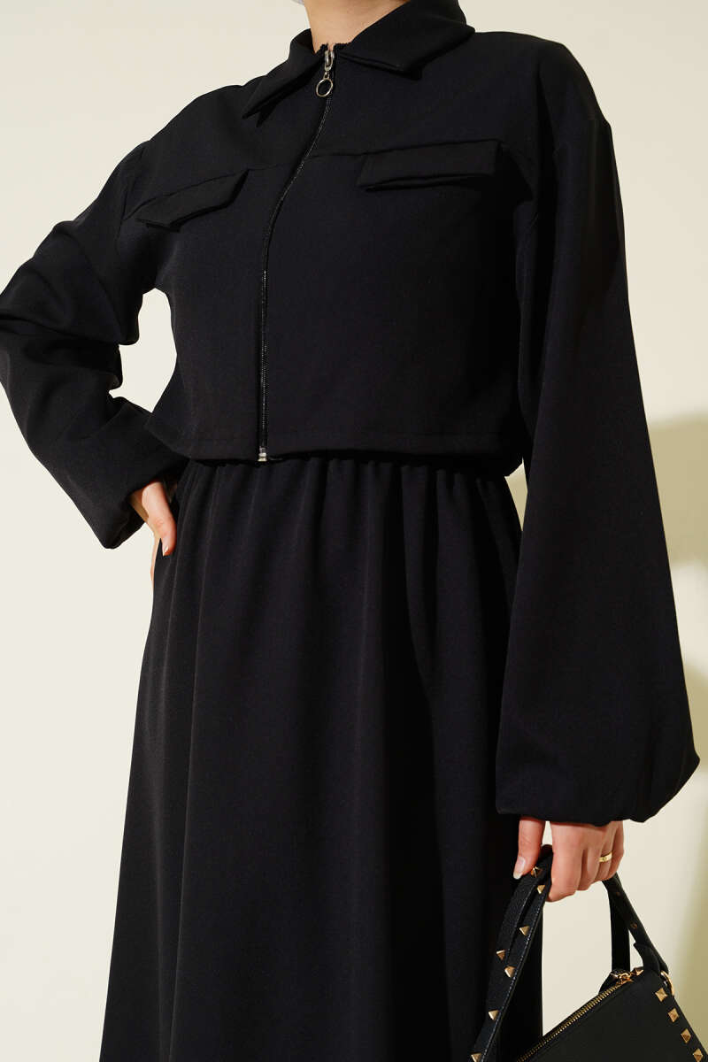 Black Shirt Collar Vest with sleeveless Dress