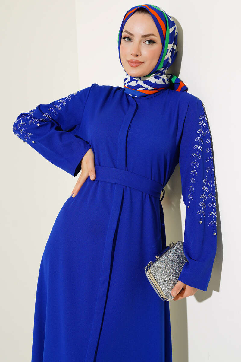Blue Embellished Abaya with Silver Stone Decorations