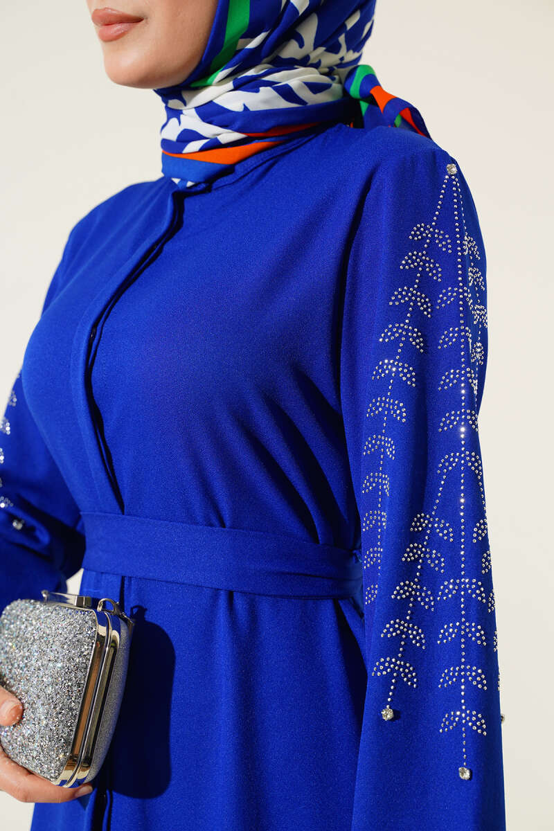 Blue Embellished Abaya with Silver Stone Decorations