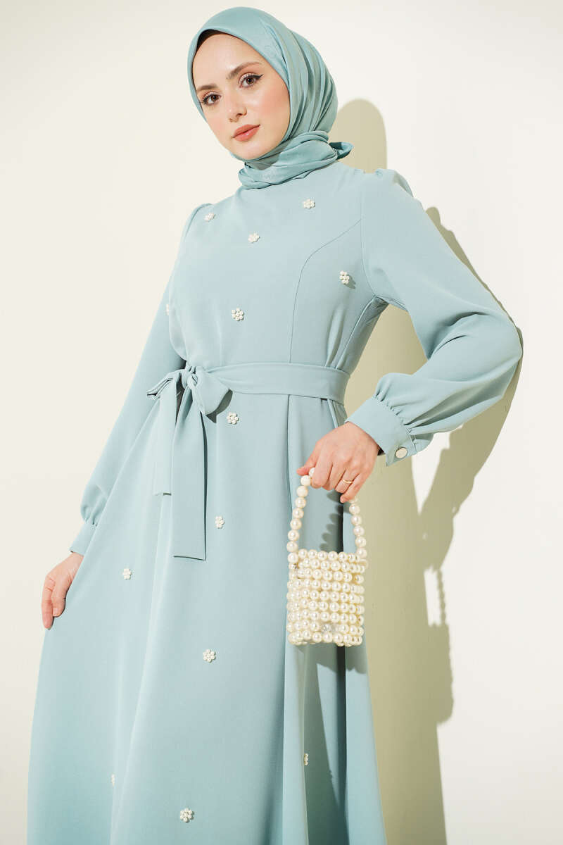 Premium Quality Mint Green Dress with Pearl Flowers