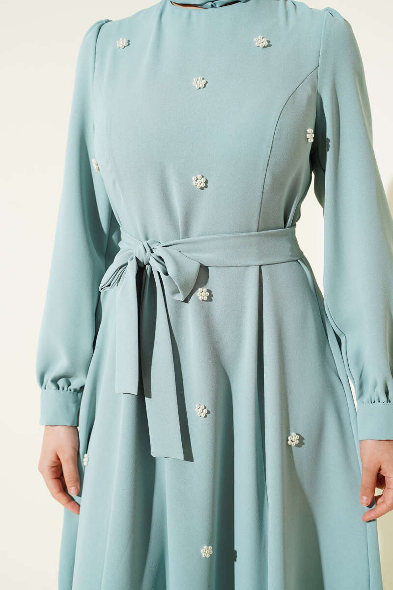 Premium Quality Mint Green Dress with Pearl Flowers