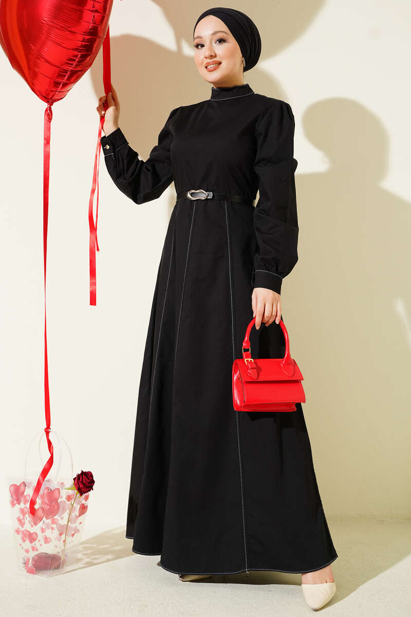 Black Denim-Look Flared Dress
