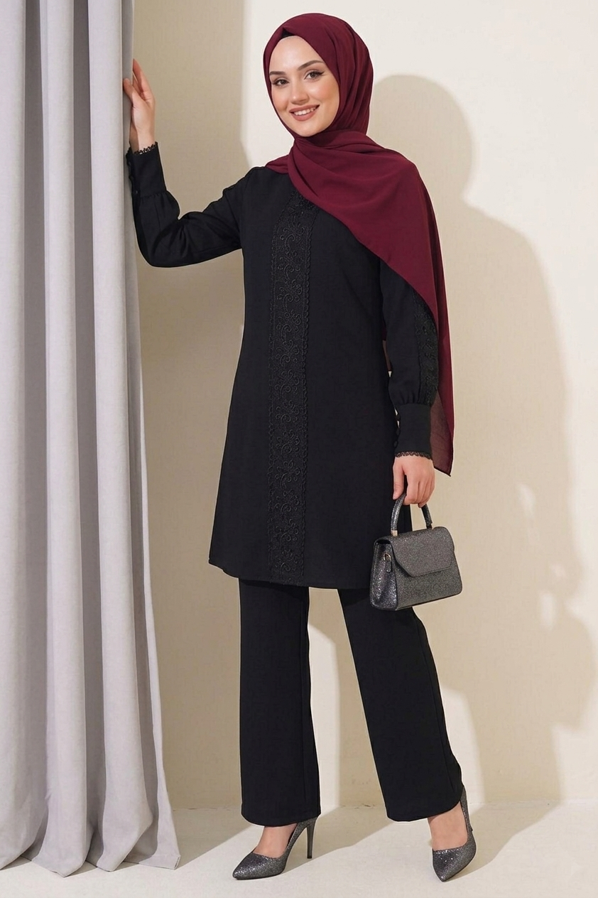 Black Modest Elegant Long Tunic and Trouser Two-Piece Set