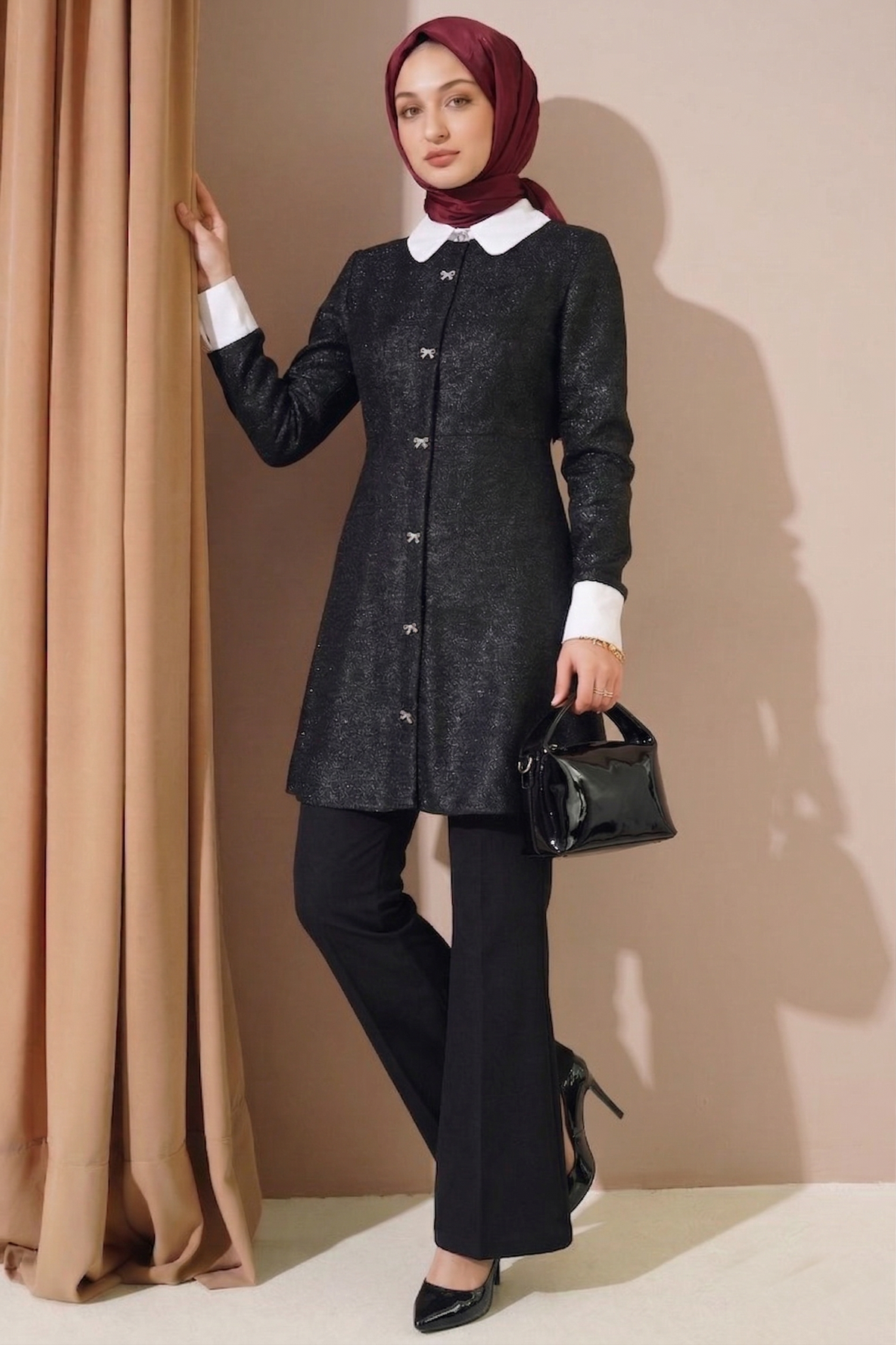 Black Soft Tweed Shirt Dress with White Collar