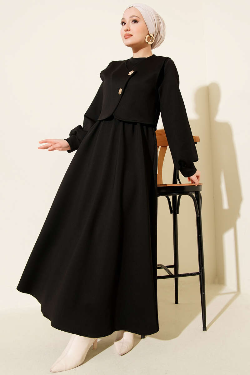 Black Vest Dress Set with Gold Buttons