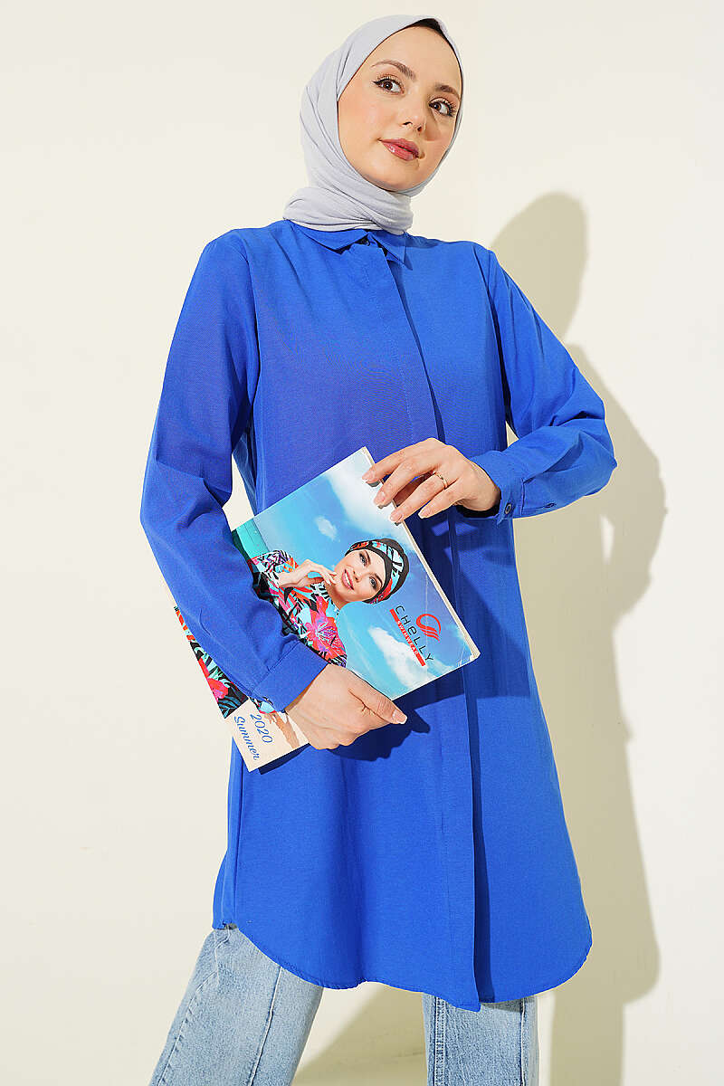 Long Basic Blue Shirt with Hidden Buttons