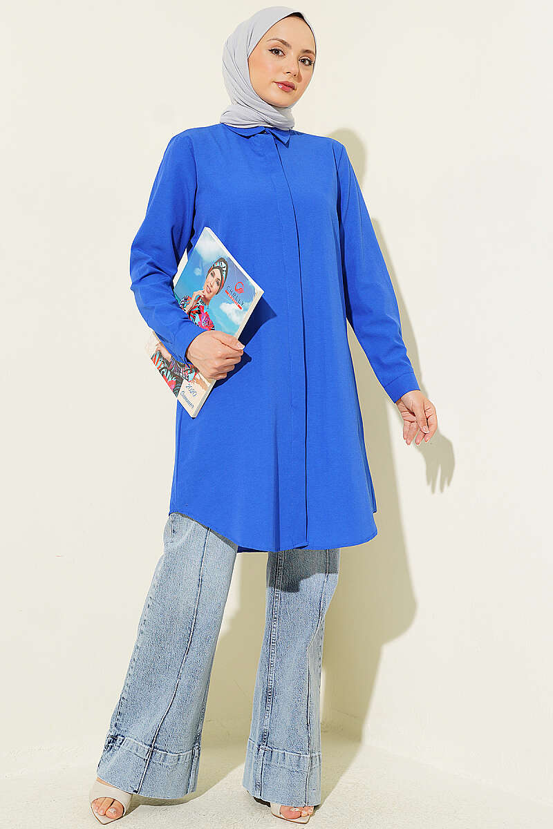 Long Basic Blue Shirt with Hidden Buttons
