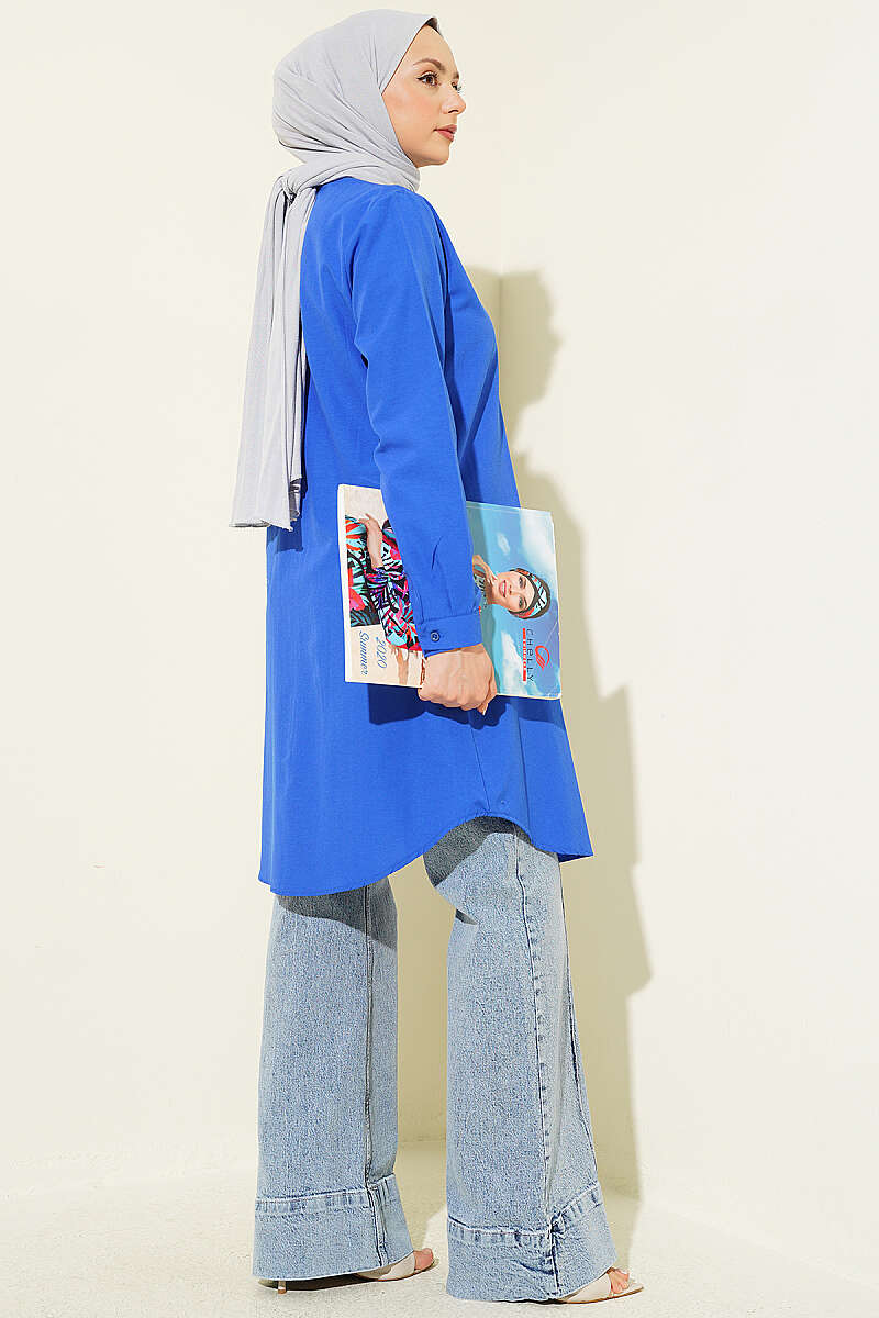 Long Basic Blue Shirt with Hidden Buttons
