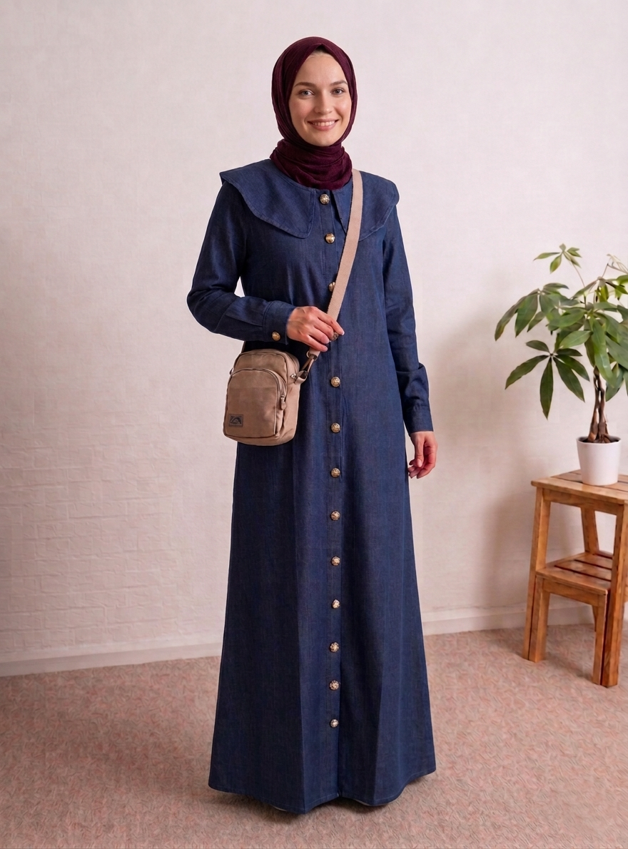 Plus Size Maxi Denim Collar Dress with Gold Buttons – Lovina