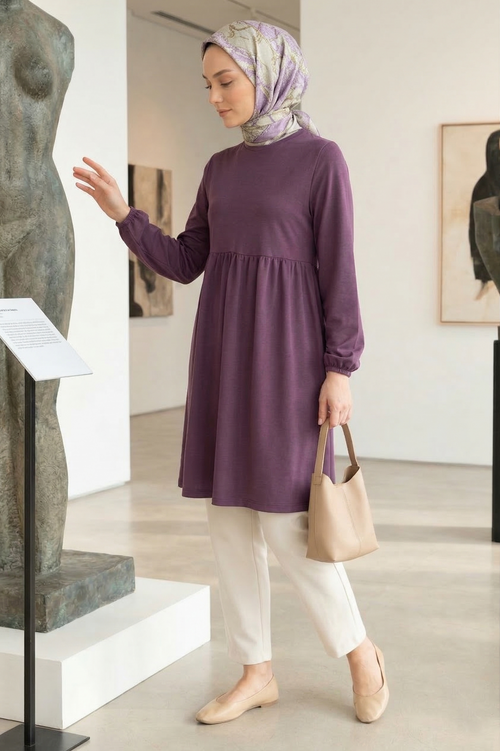 Basic Casual Flared Long Tunic with Elastic Waist