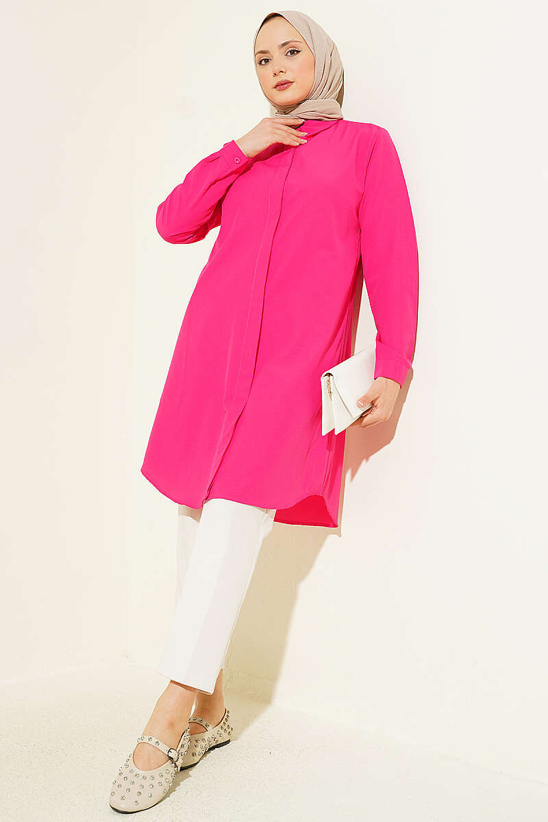 Long Basic Fuchsia Shirt with Hidden Buttons