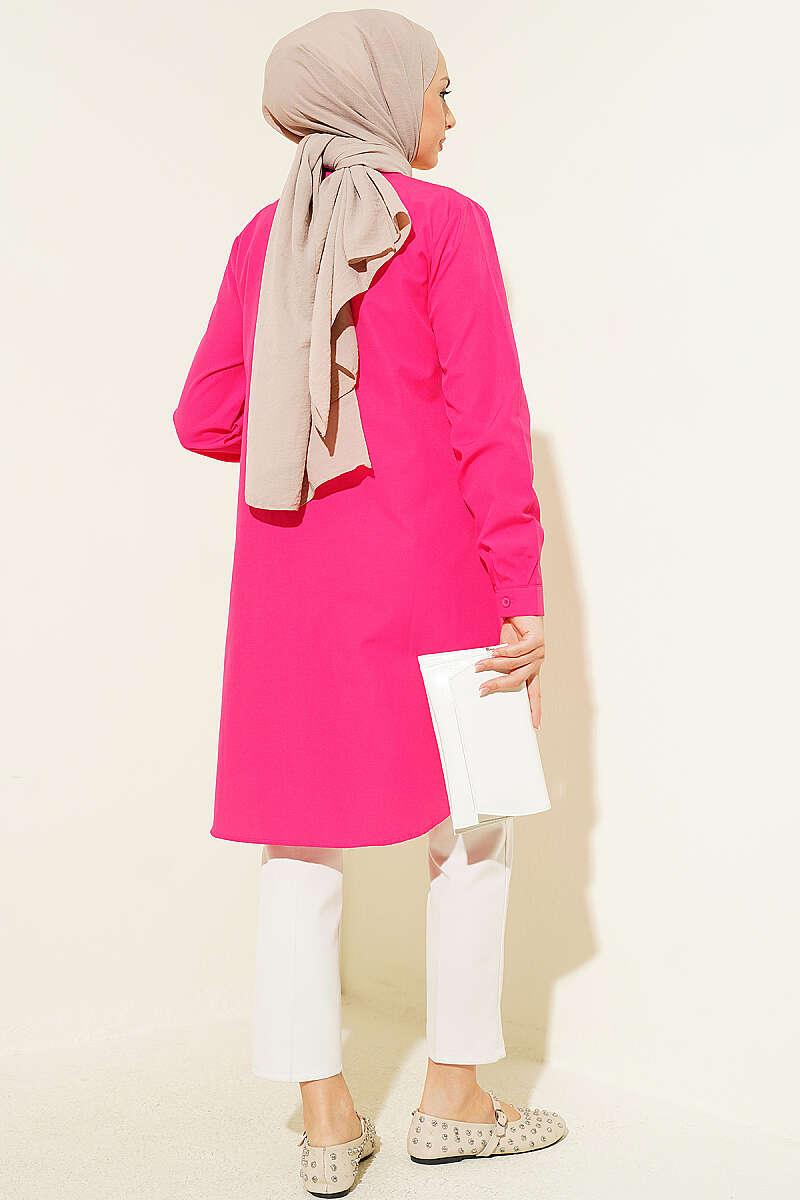 Long Basic Fuchsia Shirt with Hidden Buttons