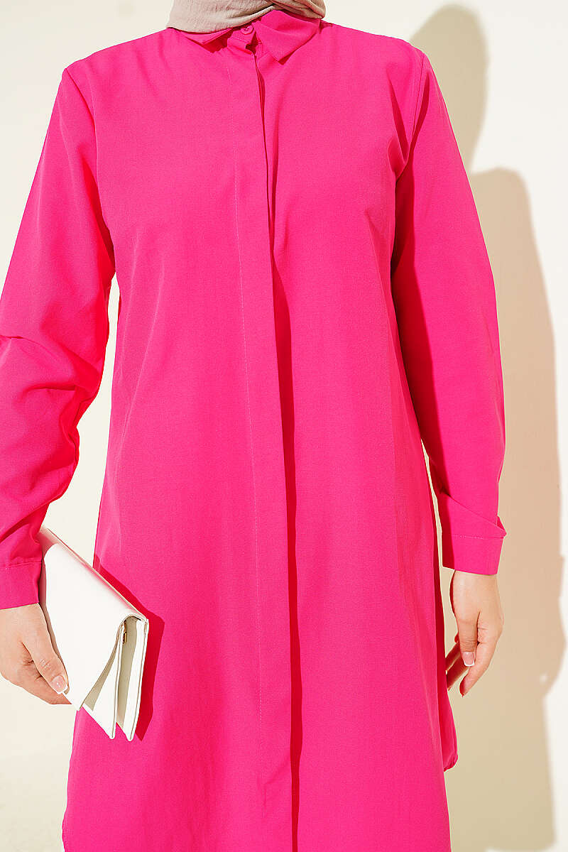 Long Basic Fuchsia Shirt with Hidden Buttons