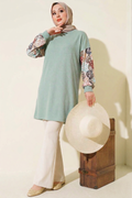 Mint Green Crew Neck Tunic with Floral Print Long Sleeves