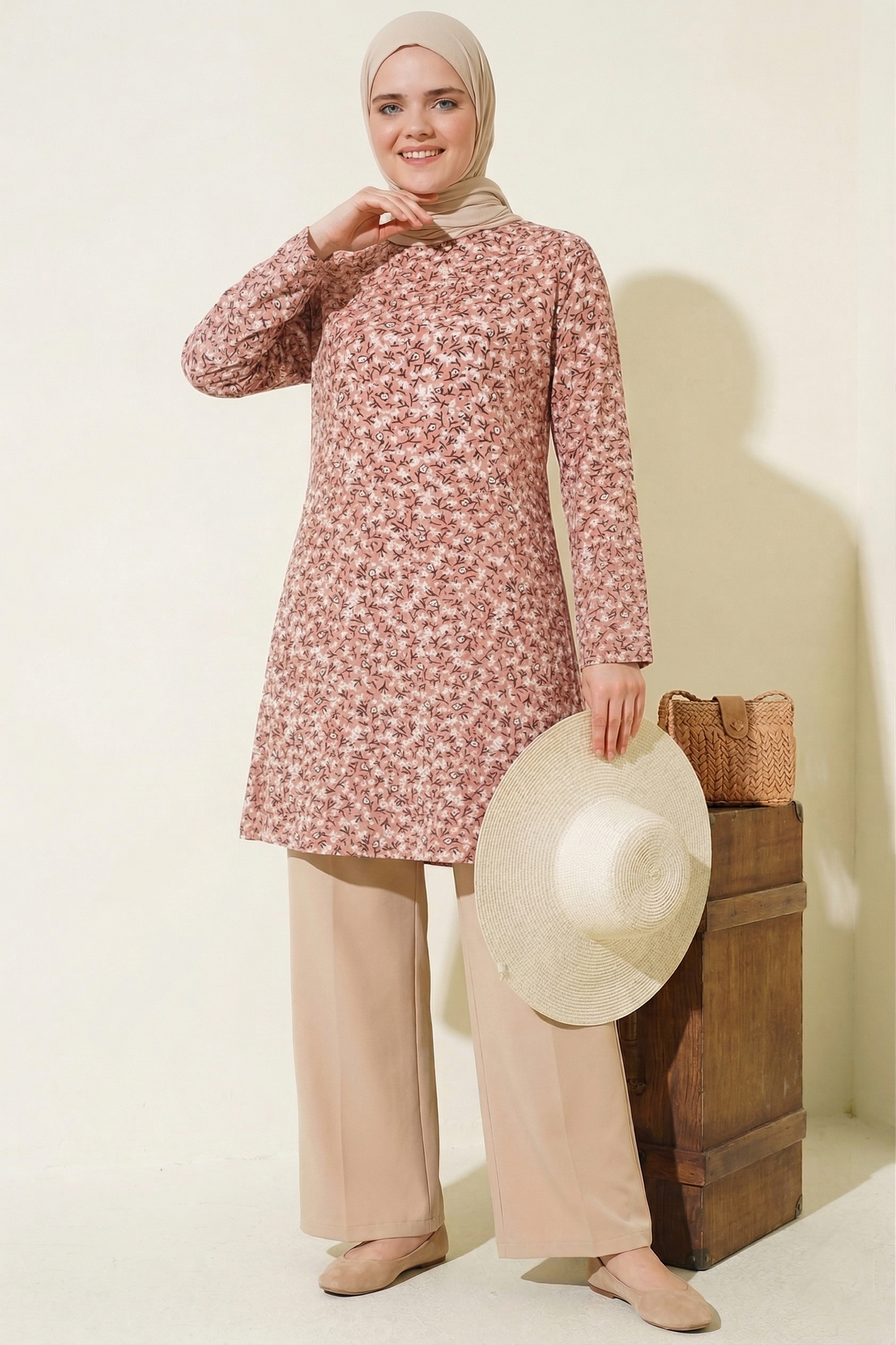 Powder Floral Print Loose Fit Long Tunic