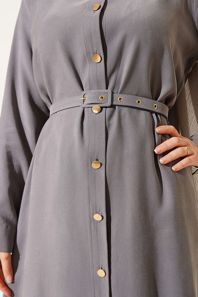Gray Premium Quality Buttoned Belted Long Tunic Two-Piece Set