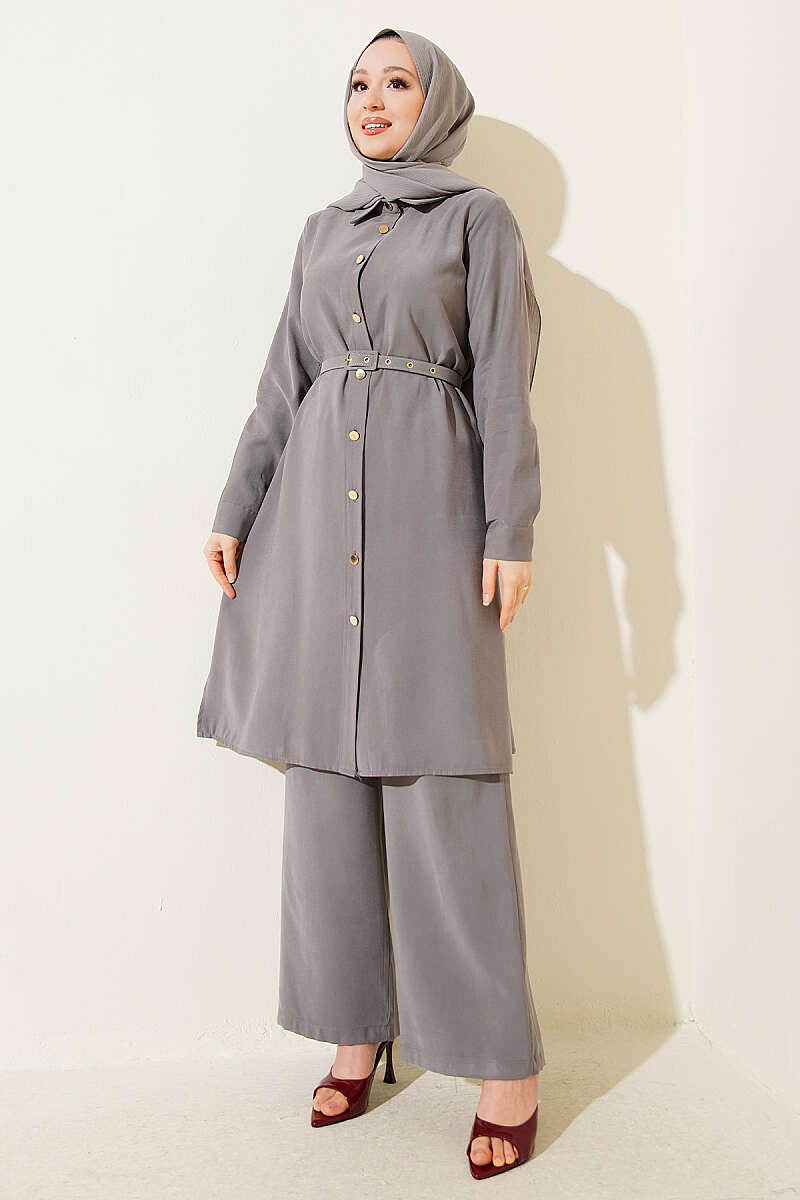 Gray Premium Quality Buttoned Belted Long Tunic Two-Piece Set