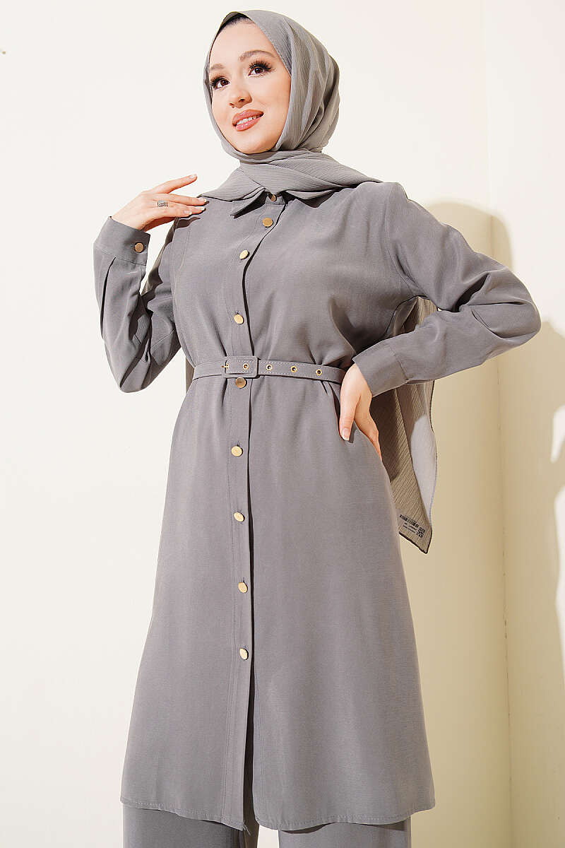 Gray Premium Quality Buttoned Belted Long Tunic Two-Piece Set
