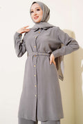 Gray Premium Quality Buttoned Belted Long Tunic Two-Piece Set