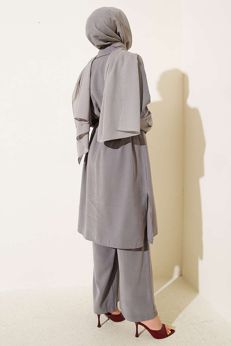 Gray Premium Quality Buttoned Belted Long Tunic Two-Piece Set
