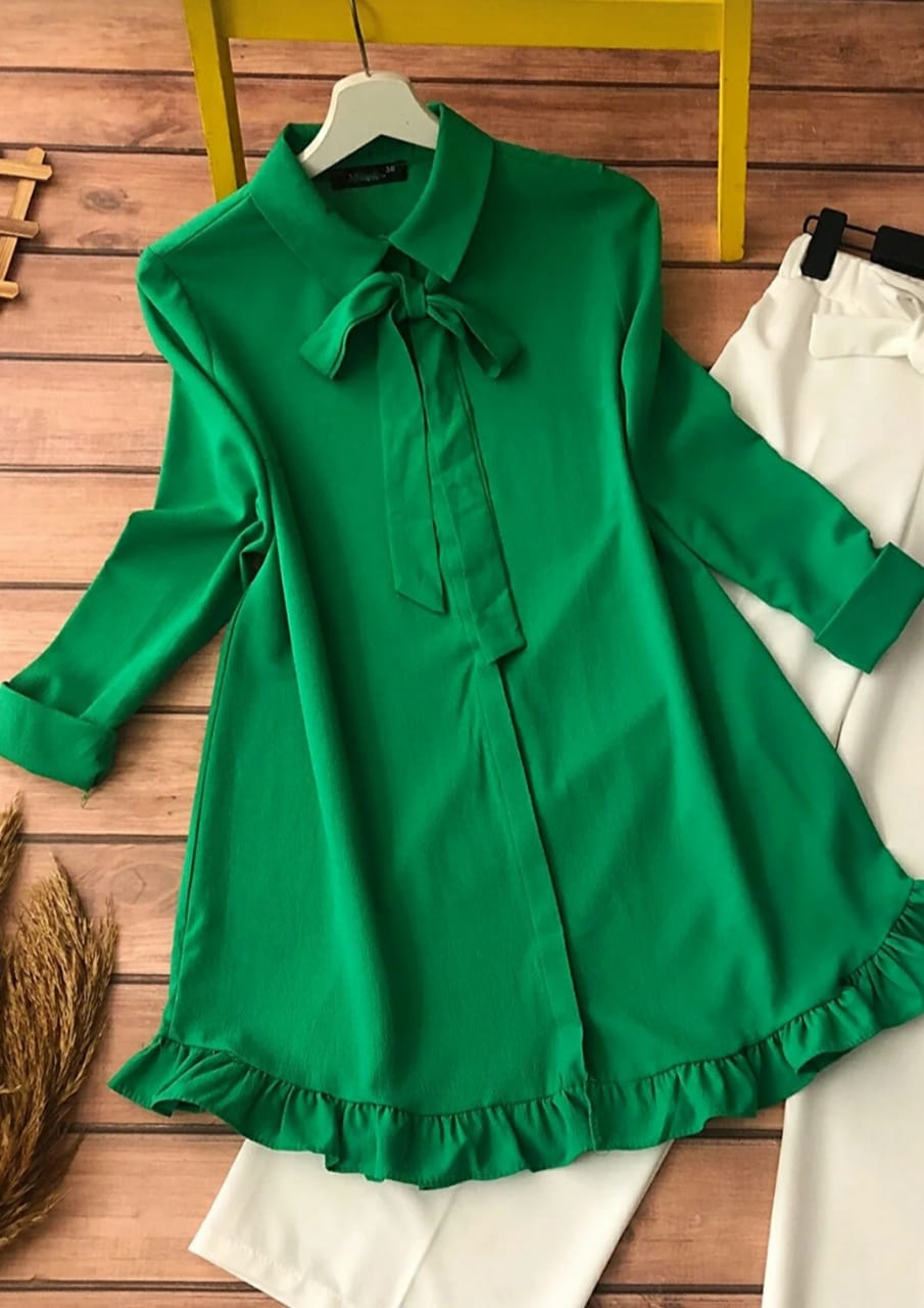 Green Long Sleeve Tunic with Ruffle Hem and Bow Tie