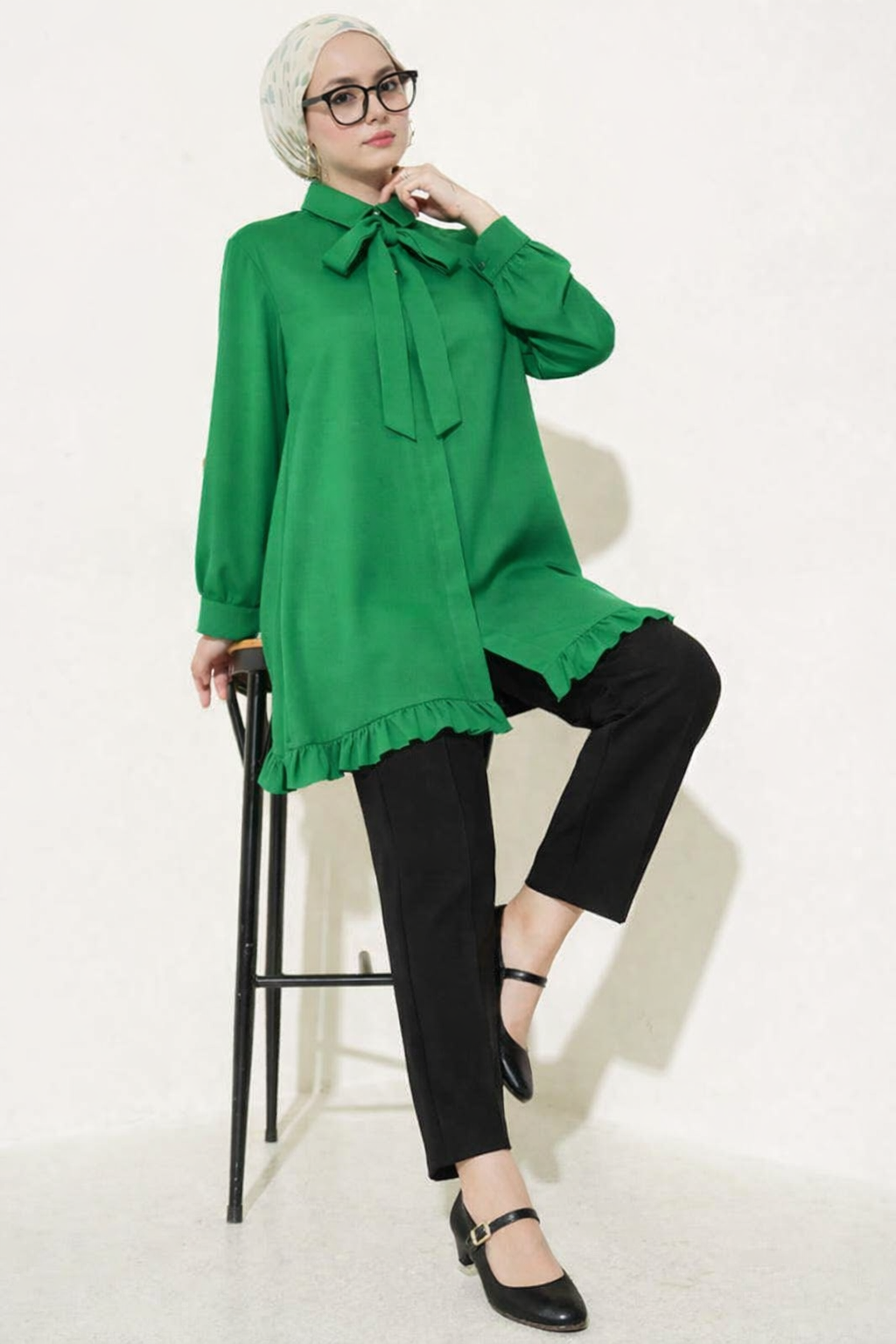 Green Long Sleeve Tunic with Ruffle Hem and Bow Tie