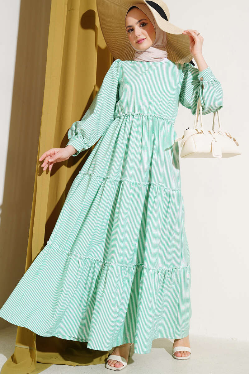 Green White Stripped Flared Dress