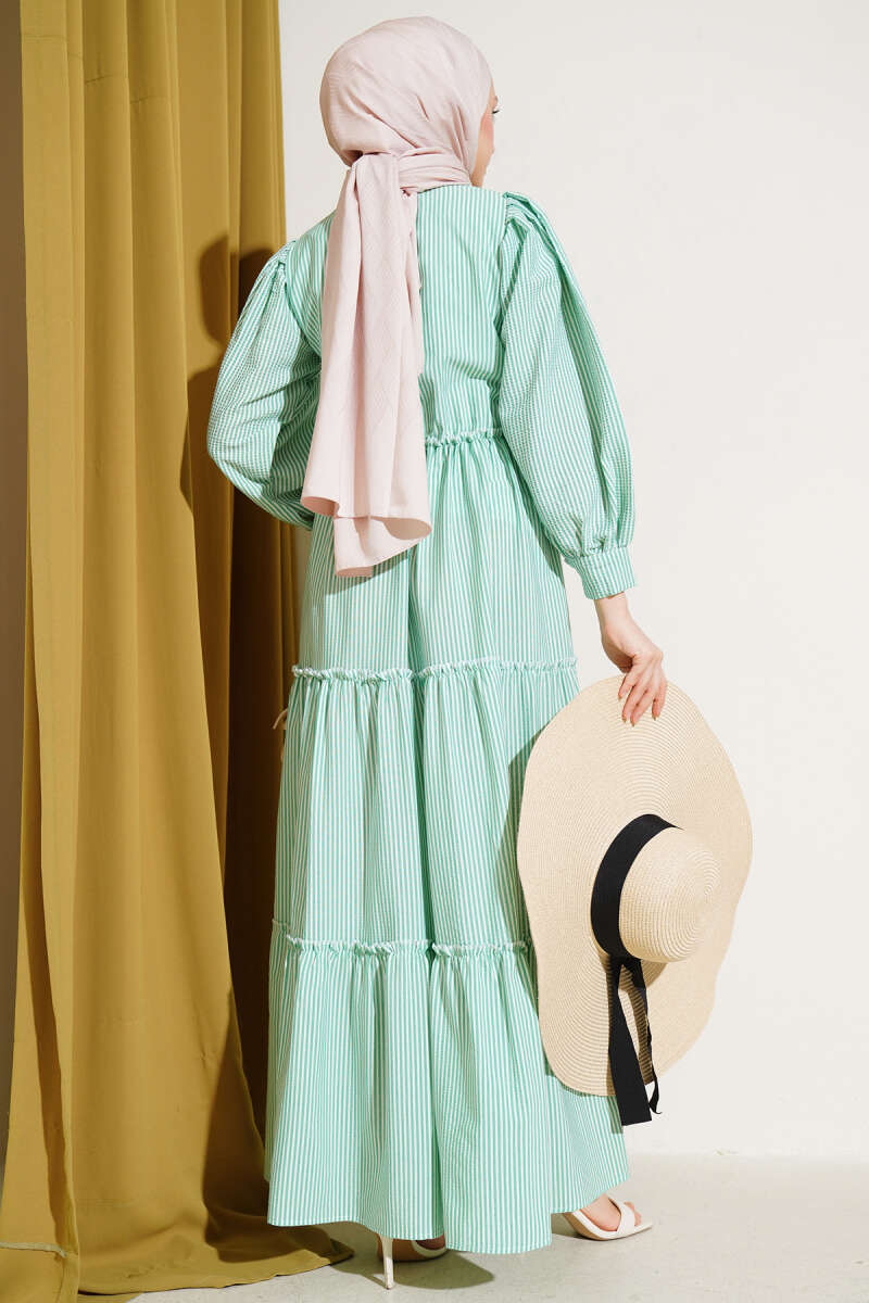 Green White Stripped Flared Dress