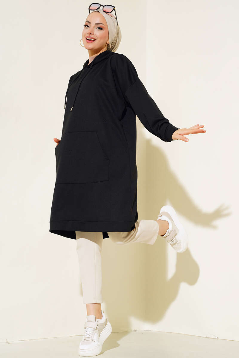 Wide Fit Black Hooded Sport Tunic with Pockets