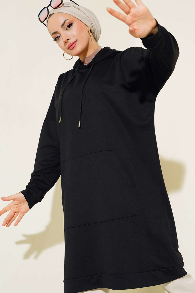 Wide Fit Black Hooded Sport Tunic with Pockets