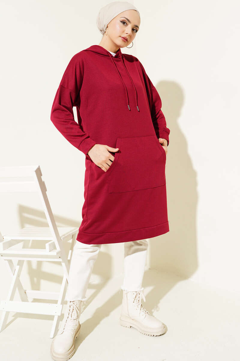 Wide Fit Burgundy Hooded Sport Tunic with Pockets