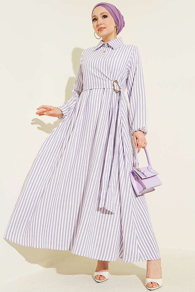 Lilac Stripped Dress with Side Tie and Golden Buckle