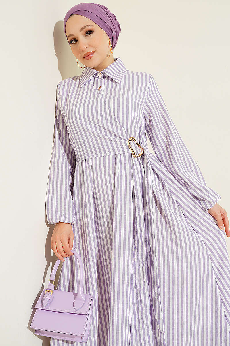 Lilac Stripped Dress with Side Tie and Golden Buckle