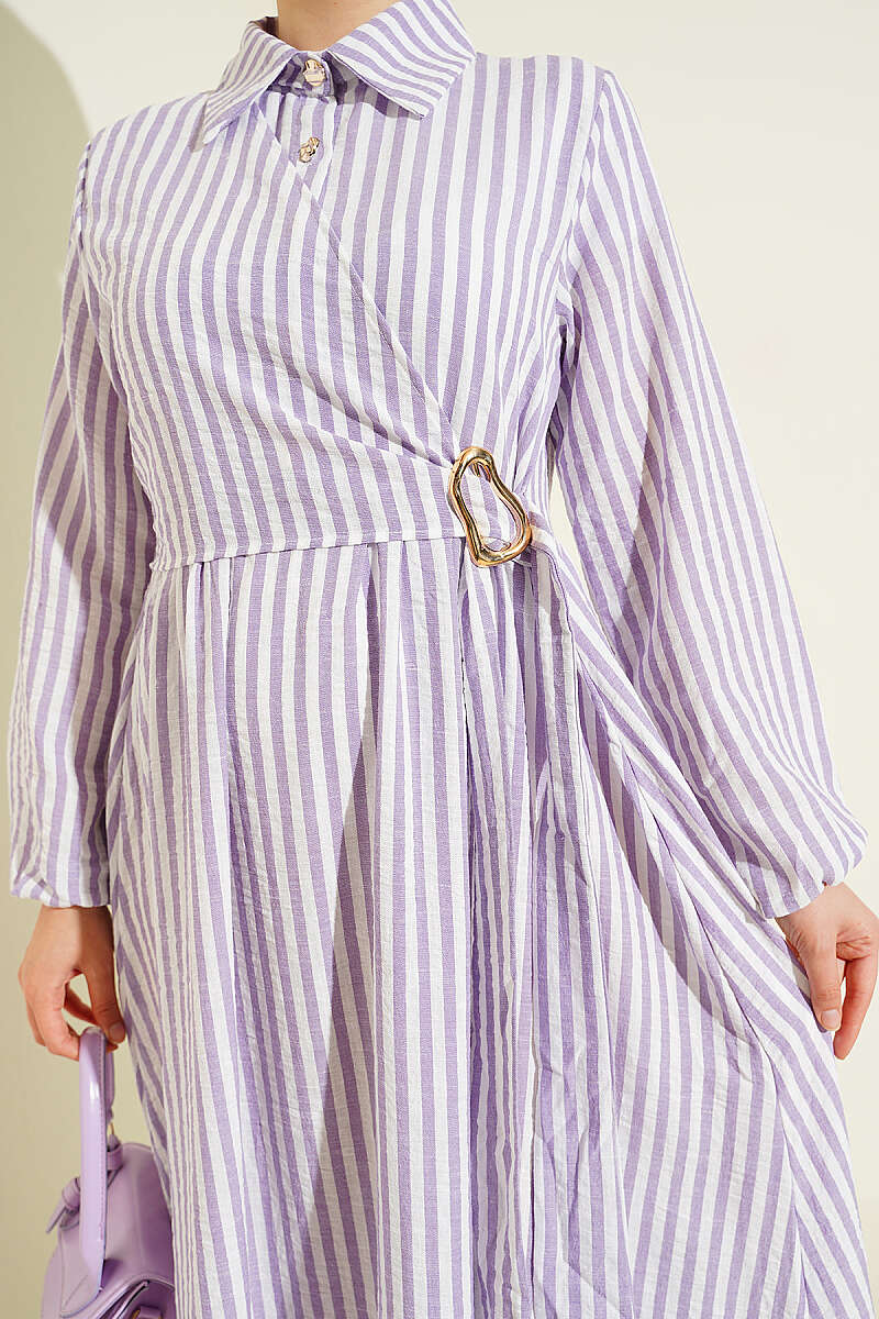 Lilac Stripped Dress with Side Tie and Golden Buckle