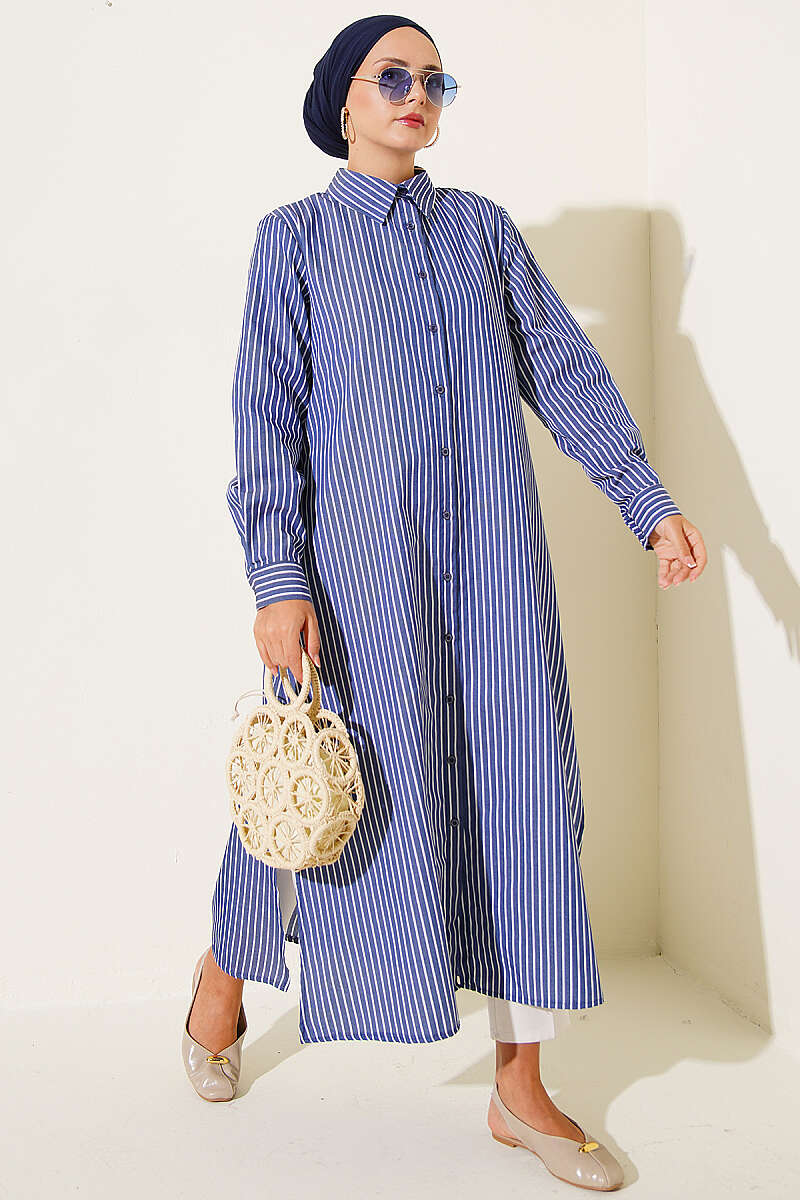 Navy Blue Basic Long  Striped Shirt