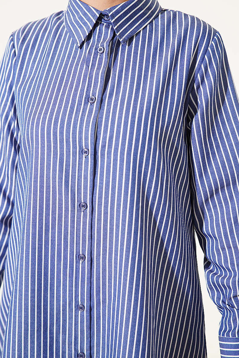 Navy Blue Basic Long  Striped Shirt