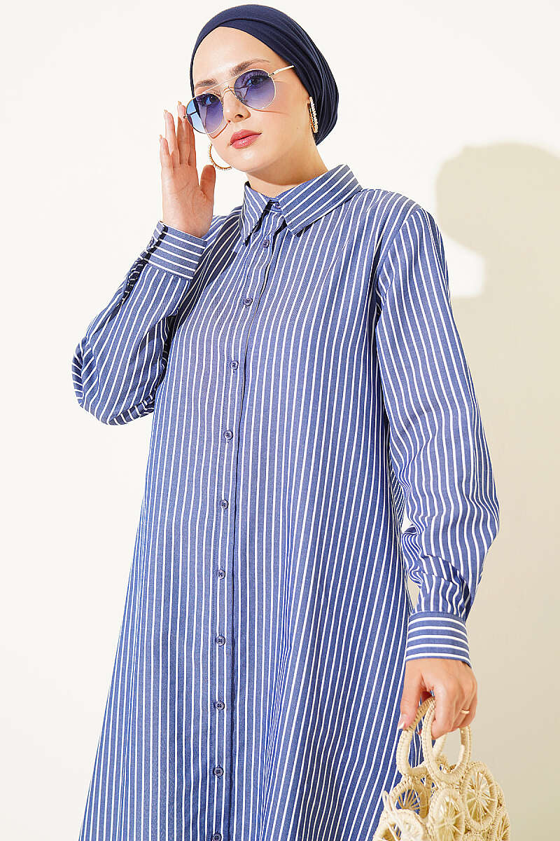 Navy Blue Basic Long  Striped Shirt