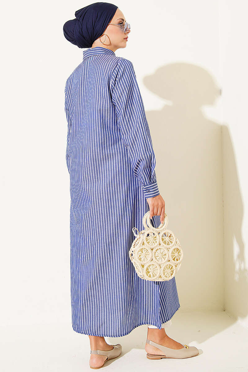 Navy Blue Basic Long  Striped Shirt