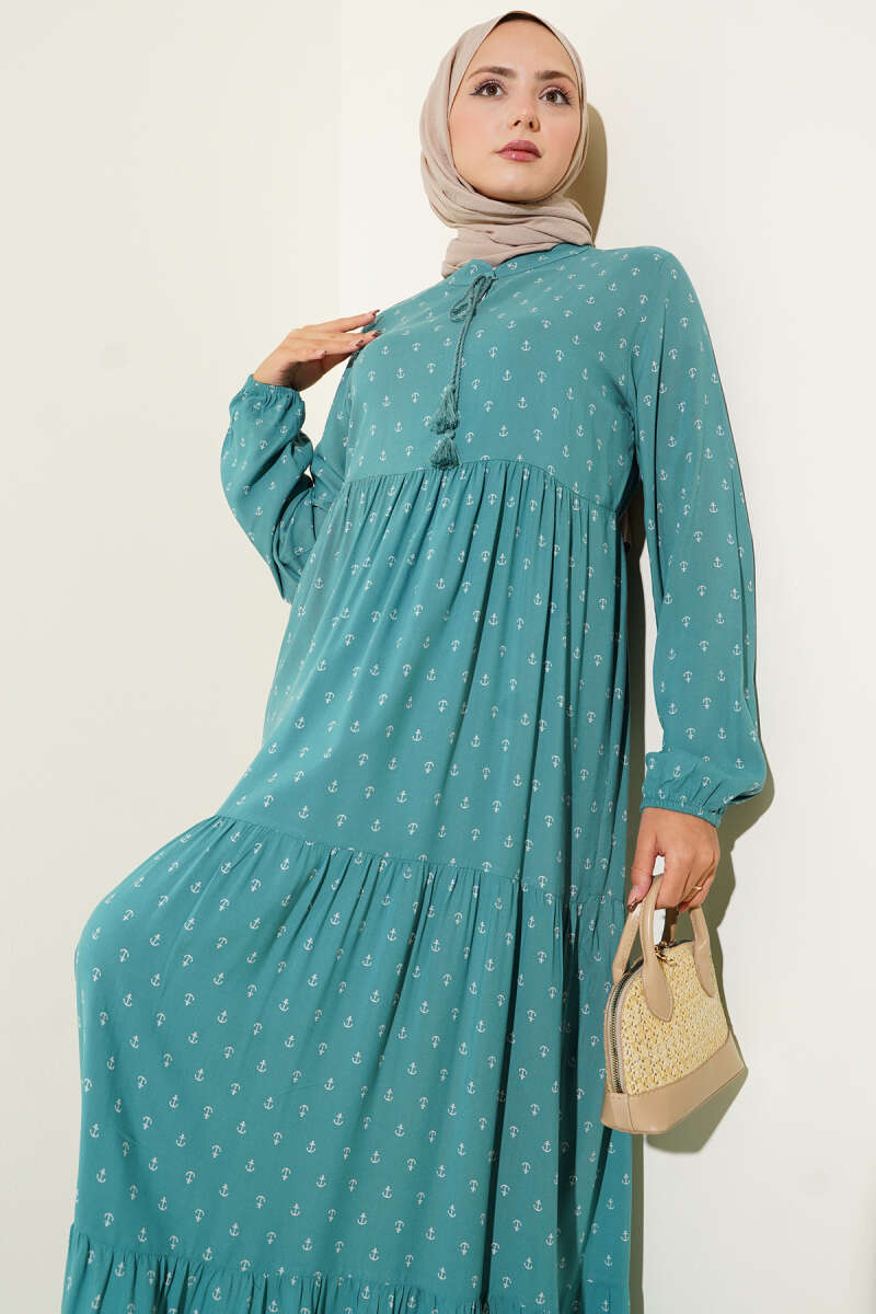 Petrol Collar Drawstring Anchor Patterned Dress