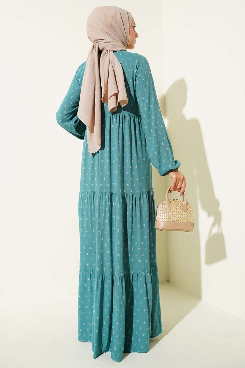 Petrol Collar Drawstring Anchor Patterned Dress