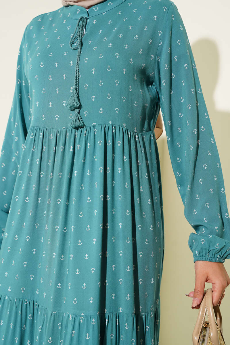 Petrol Collar Drawstring Anchor Patterned Dress