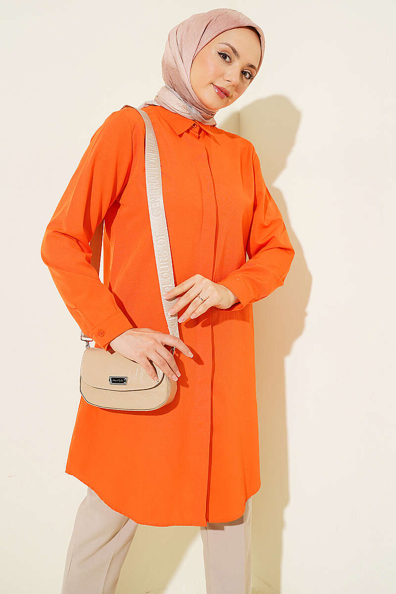 Long Basic Orange Shirt with Hidden Buttons
