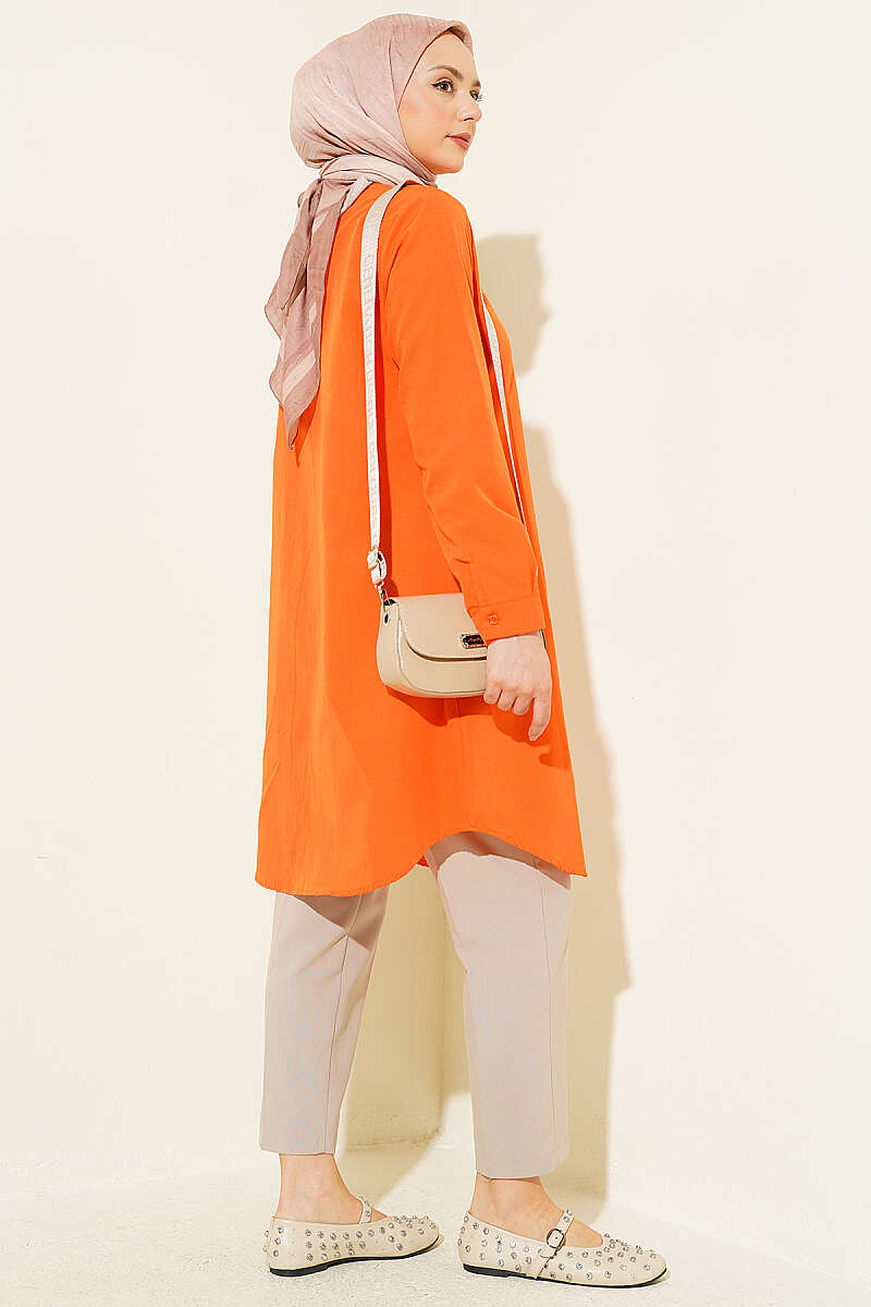 Long Basic Orange Shirt with Hidden Buttons