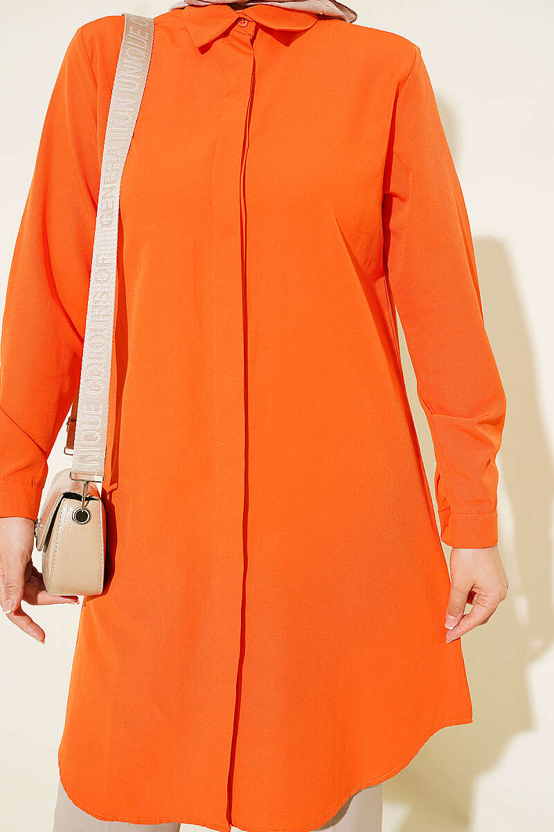 Long Basic Orange Shirt with Hidden Buttons