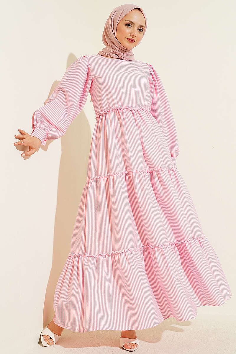 Pink White Stripped Flared Dress