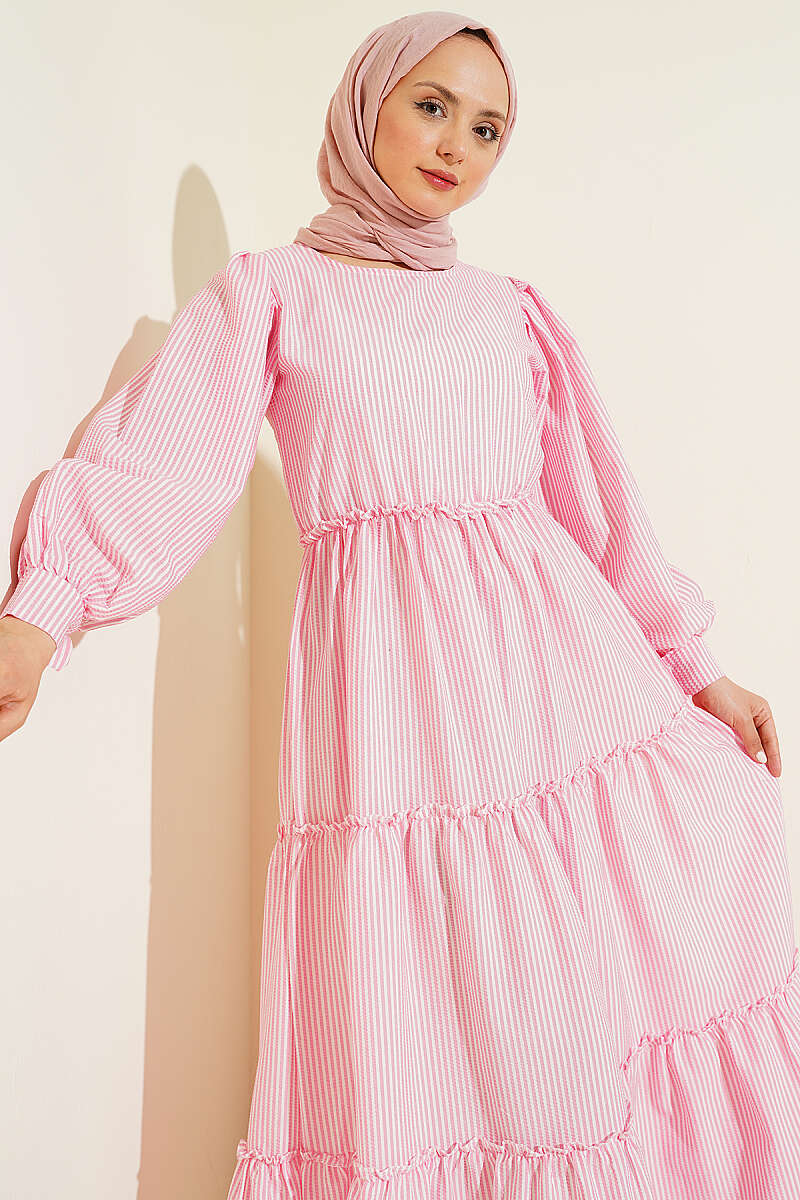 Pink White Stripped Flared Dress